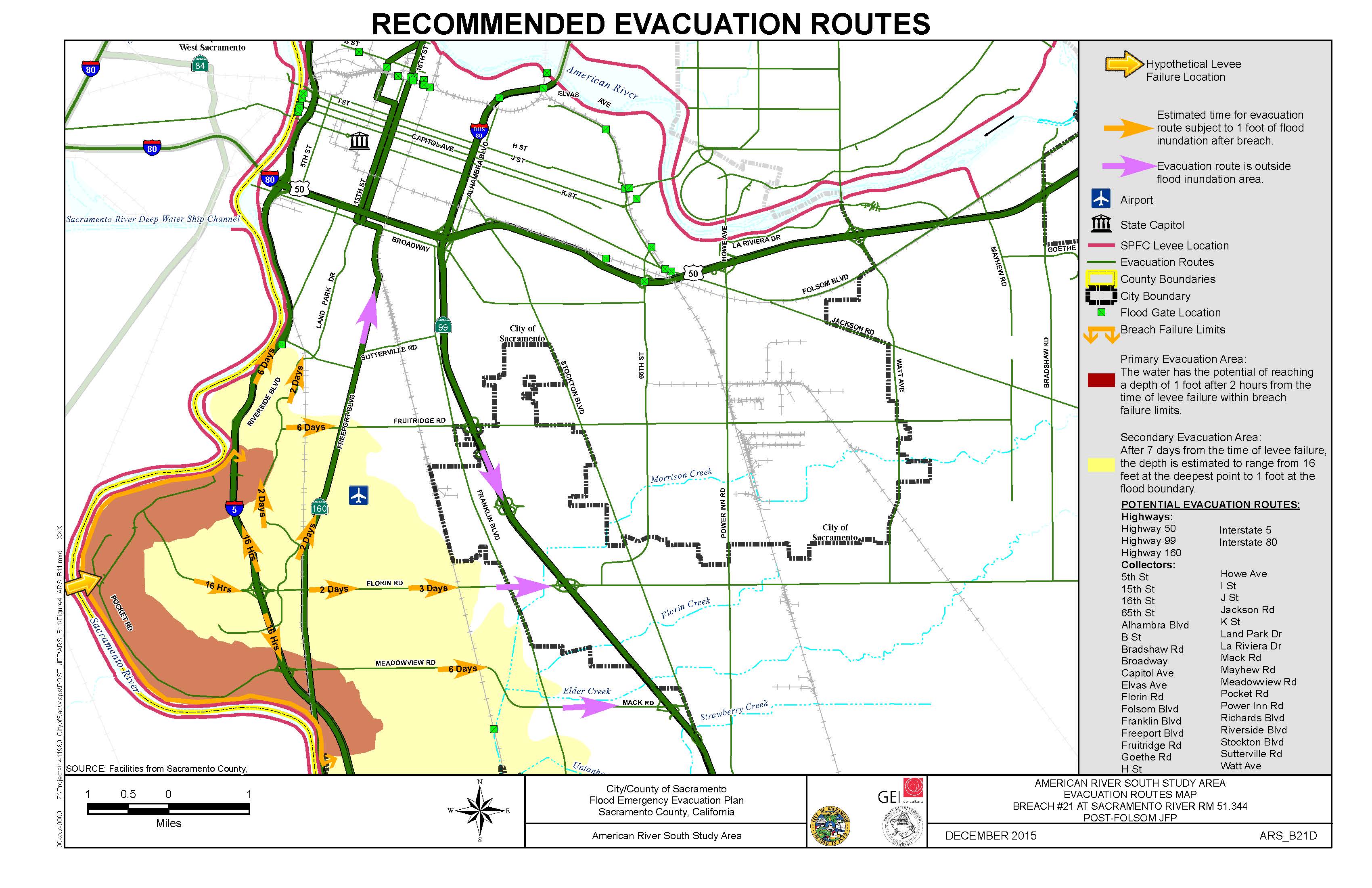 This map highlights the possible evacuation routes if there is a breach.